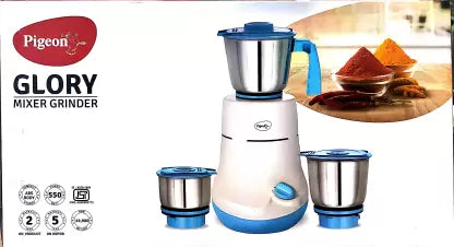 Pigeon by Stovekraft Glory 550 Watt Mixer Grinder with 3 Stainless Steel Jars for Dry Grinding, Wet Grinding and Making Chutney, white (14430)