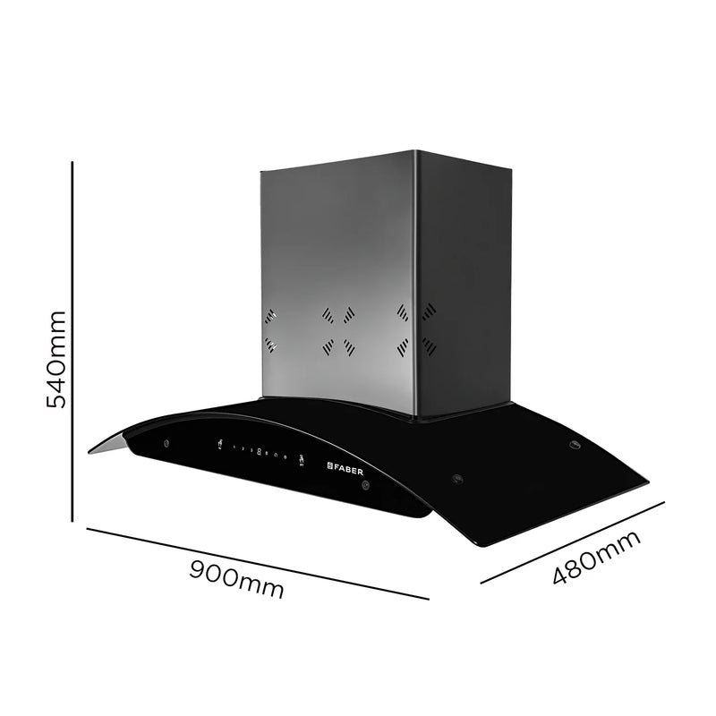FABER Hood Ellora 3D IN HC SC BF BK 90cm 1400m3/hr Ducted Auto Clean Wall Mounted Chimney with Baffle Filter (Black)