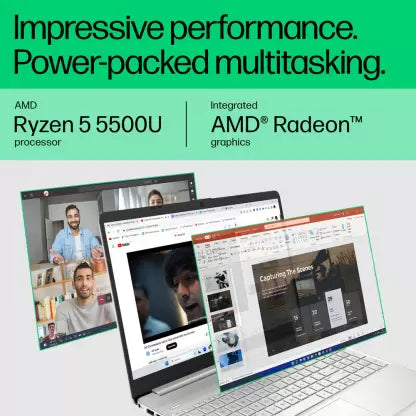 HP AMD Ryzen 5 Hexa Core 5500U - (8 GB/512 GB SSD/Windows 11 Home) Thin and Light Laptop  (15.6 Inch, Natural Silver, 1.69 Kg, With MS Office)