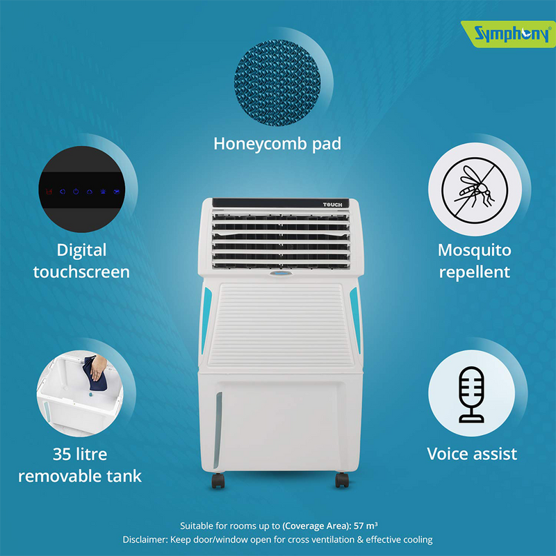 Symphony Touch 35 Personal Air Cooler 35-litres with Remote, Digital Touchscreen, Voice Assist, Multistage Air Purification, Mosquito Repellent