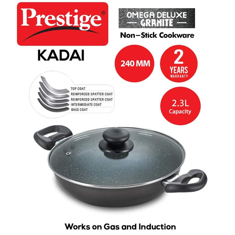 Prestige Omega Deluxe Granite Kadai, 240mm with lid ( 36310 , Black )
