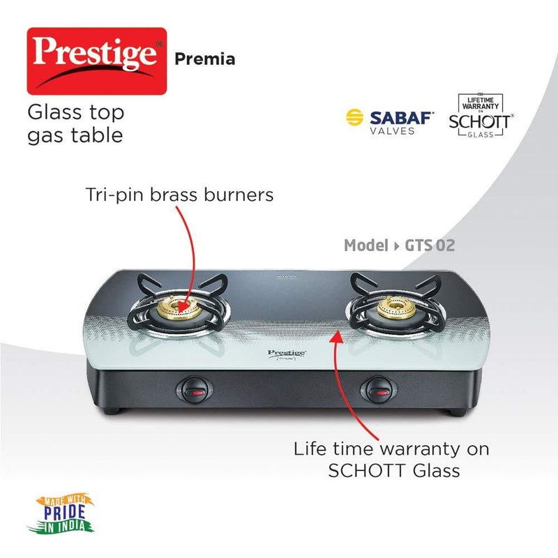 Prestige Premia Schott Glass 2 Burner Gas Stove, Manual Ignition ( 40078 , Black )