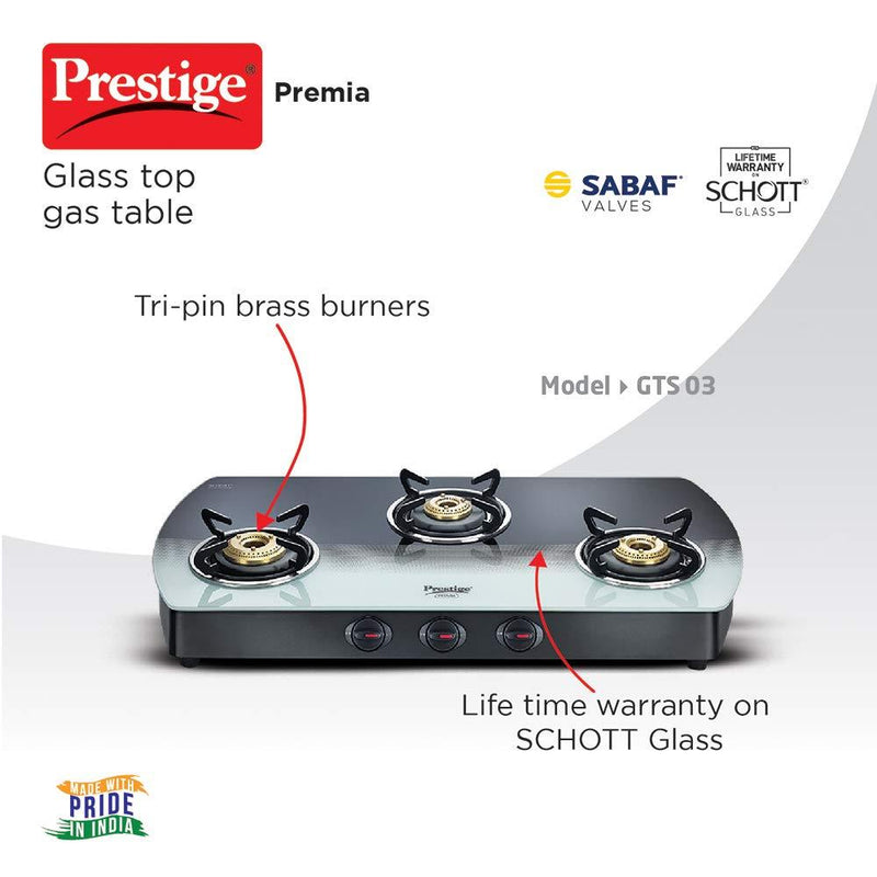 Prestige Premia Schott Glass 3 Burner Gas Stove, Manual Ignition, Multi-color ( 40173 )