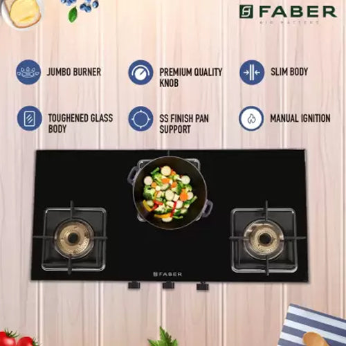 FABER REMO 3BB BK Glass Manual Gas Stove  (3 Burners) - FBRGS-REMO3BBBK