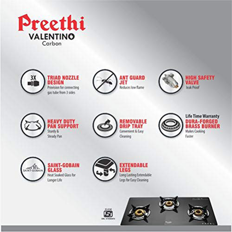 Preethi Valentino Glass Top 3 Burner Gas Stove, Manual Ignition