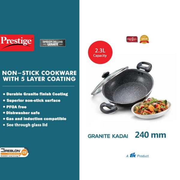 Prestige Omega Deluxe Granite Kadai, 240mm with lid ( 36310 , Black ) - Image 3