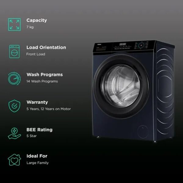 Haier 7 kg 5 Star Inverter Fully Automatic Front Load Washing Machine (HW70-IM12929BKU1, Anti Bacterial Technology, Black) - Image 2