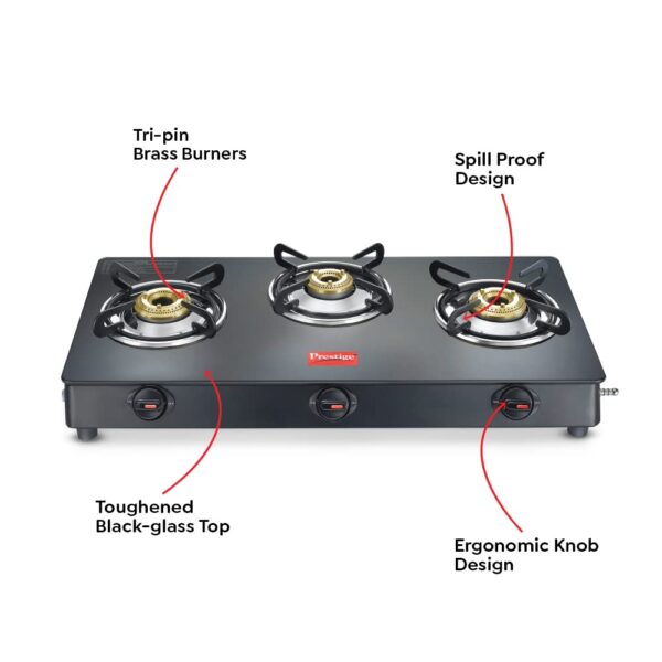 Prestige Magic plus Toughened Glass-Top 3 Brass Burner LPG Gas Stove(GTMP-03) | Black Spill Proof Design | Ergonomic Knob | Tri-Pin Burner - Image 6