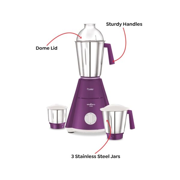 Prestige Nakshatra V2 550W Mixer Grinder with 3 Stainless Steel Jars(Purple, Dome Lid, Aluminium Jar Base) - Image 7