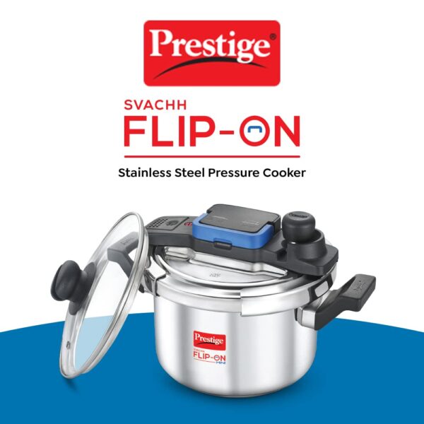 Prestige 5L Svachh FLIP-ON Stainless Steel Tri-ply bottom Pressure Cooker with glass lid|Innovative lock lid with spillage control|Gas & Induction compatible - Image 5