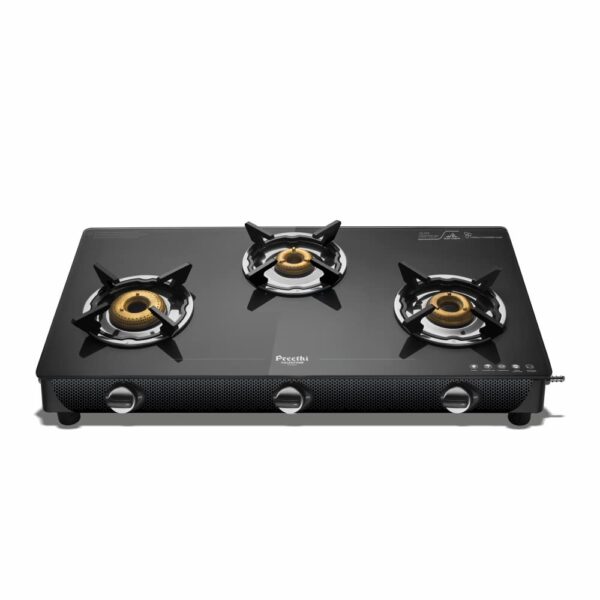 Preethi Valentino Glass top 3 Burner Gas Stove, Manual Ignition, Black