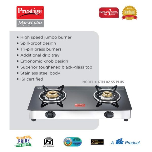 Prestige Marvel Plus Stainless Steel 2 Brass Burner Manual Glass Top Gas Stove - Image 3