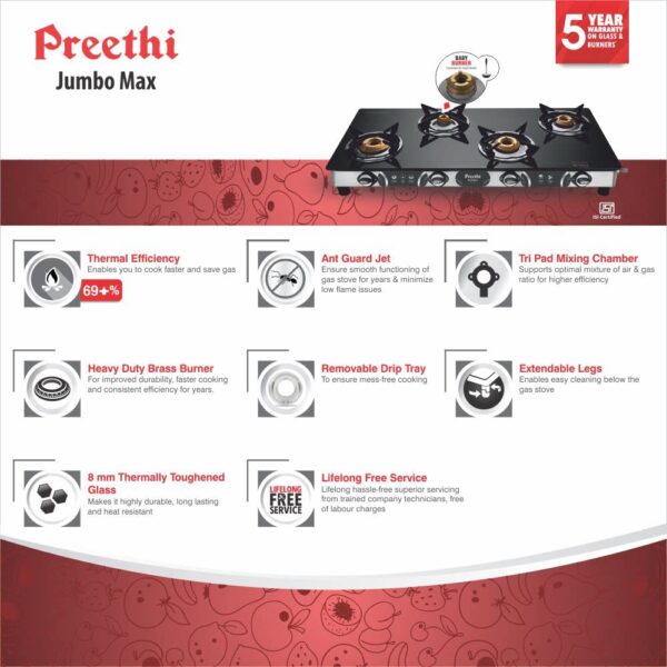 Preethi Blu-Flame Stainless Steel Jumbo Max Glass Top LPG Gas Stove with 4 Burner - Image 6