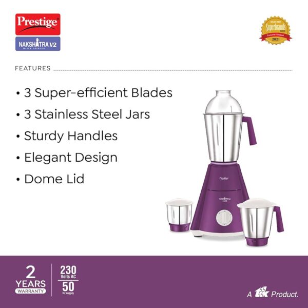 Prestige Nakshatra V2 550W Mixer Grinder with 3 Stainless Steel Jars(Purple, Dome Lid, Aluminium Jar Base) - Image 3