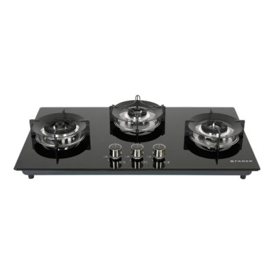 Faber Hob 3 Burner | Auto-Ignition | Spillage Proof | HOB SUPERIA HT763 BR AI | Concealed Chamber | Metal Knobs | Pan Support | Black Glass Finish