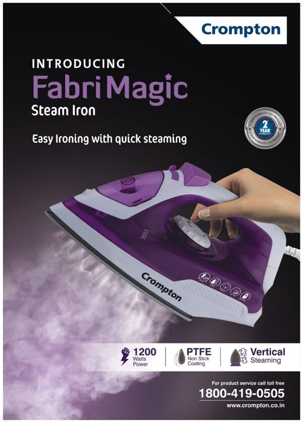 Crompton Greaves Fabrimagic 1200 W Steam Iron with 200 ml water tank, Upto 13g /min steam output and Teflon coating soleplate (purple), Small (ACGSI-FABRIMAGIC) - Image 8