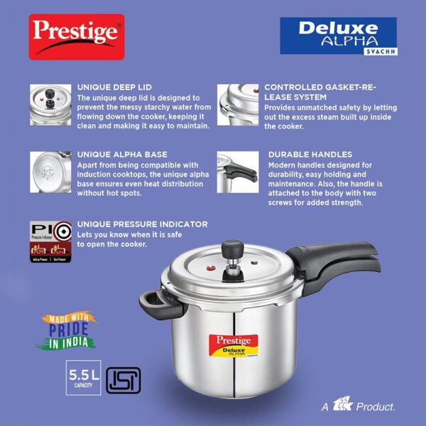 Prestige 5.5 Litres Svachh Deluxe Alpha Induction Base Outer Lid Stainless Steel Pressure Cooker | Deep lid controls spillage |Silver | Anti-Bulge Base | Sturdy Handles | Pressure Indicator - Image 4