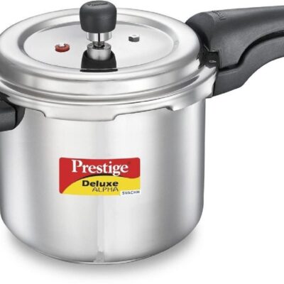 Prestige 5.5 Litres Svachh Deluxe Alpha Induction Base Outer Lid Stainless Steel Pressure Cooker | Deep lid controls spillage |Silver | Anti-Bulge Base | Sturdy Handles | Pressure Indicator