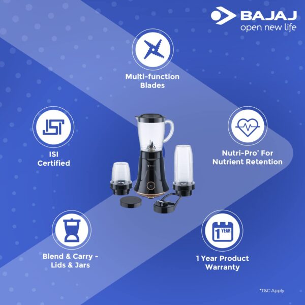 Bajaj Nx-01, Powerful 300W Mixer Grinder, Blender, Juicer And Smoothie Maker With Sipper And Store Lids, 3 Jars - Image 5