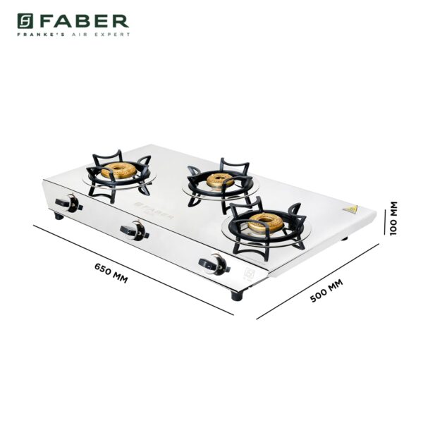 Faber high efficiency 3 Brass Burner with stainless steel top, ISI Certified gas stove, Manual Ignition, For LPG use only (Cooktop Hilux Max 3BB SS) - Image 2