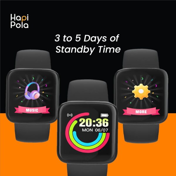 HAPI POLA D20 Stylish Smartwatch for Men and Women, Incoming Call, SMS and Alarm, Smart Watch for Kids, Find Phone, Sleep Monitor, 20+ Sports, Health Control (Black) - Image 3