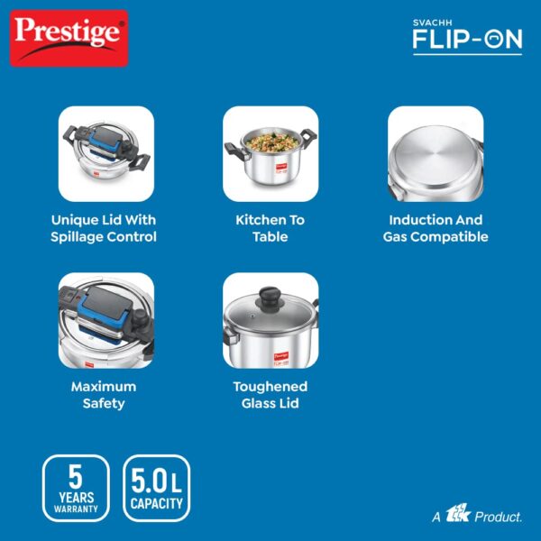 Prestige 5L Svachh FLIP-ON Stainless Steel Tri-ply bottom Pressure Cooker with glass lid|Innovative lock lid with spillage control|Gas & Induction compatible - Image 4