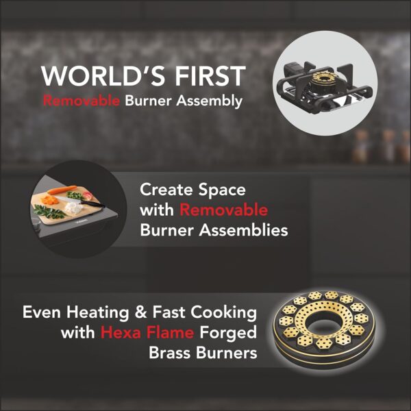 Vidiem Vogue V1-3Burner Gas Cooktop/Hob | World's First Fully Removable Burner Assembly - Image 3