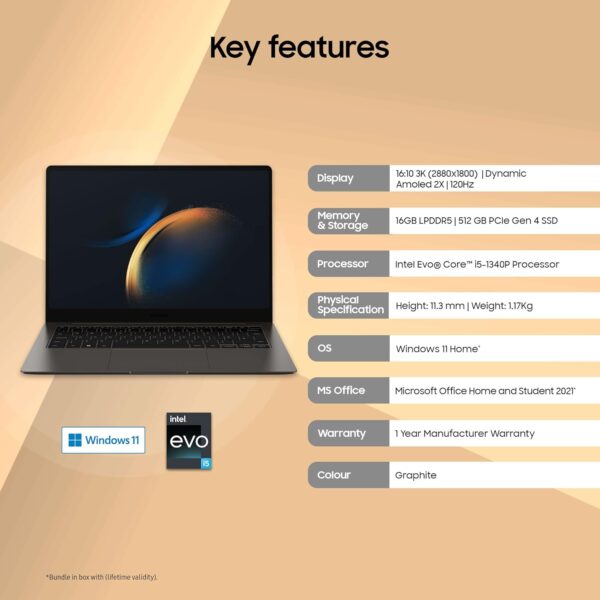 Samsung Galaxy Book3 Pro Intel 13th Gen i5 EvoTM 35.56cm(14") Dynamic Amoled 2X, 3K Display, 120Hz, Ultra Thin & Light Laptop(16 GB/512 GB SSD/Windows 11/MS Office/Graphite - Image 2