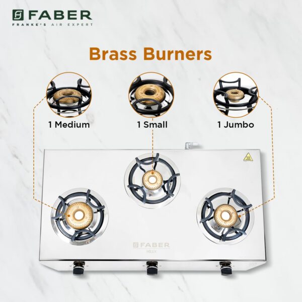 Faber high efficiency 3 Brass Burner with stainless steel top, ISI Certified gas stove, Manual Ignition, For LPG use only (Cooktop Hilux Max 3BB SS) - Image 5