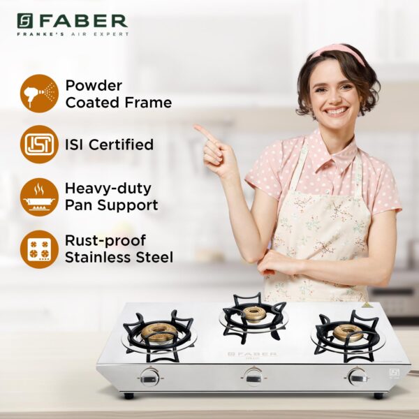 Faber high efficiency 3 Brass Burner with stainless steel top, ISI Certified gas stove, Manual Ignition, For LPG use only (Cooktop Hilux Max 3BB SS) - Image 8