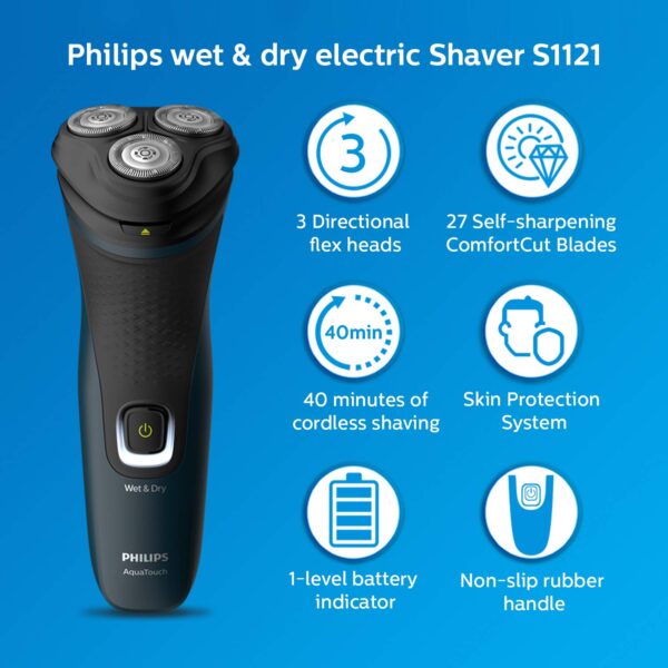 Philips S1121/45 Cordless Electric Shaver, 3D Pivot & Flex Heads, 27 Comfort Cut Blades, Up to 40 Min of Shaving - Image 2