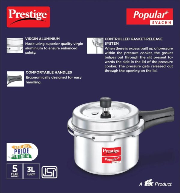 Prestige Popular Plus Svachh Virgin Aluminium Gas and Induction Compatible Outer Lid Pressure Cooker, 3 L (Silver) - Image 4