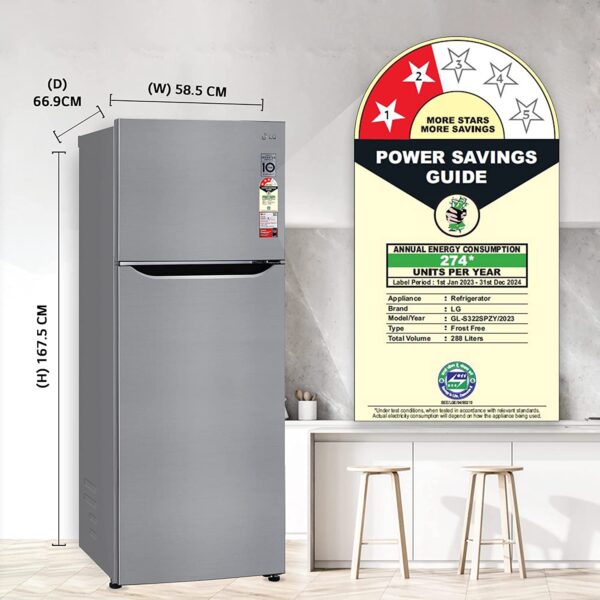 LG 288 L 2 Star Smart Inverter Frost-Free Double Door Refrigerator (GL-S322SPZY, Shiny Steel, Convertible) - Image 9