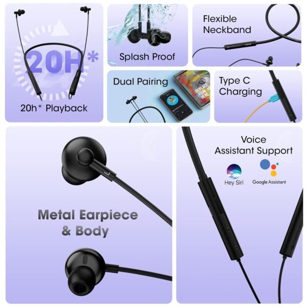 Zebronics Zeb Yoga N1 Wireless in Ear Neckband with 50ms Low Latency Gaming Mode, 20H Backup, Voice Assistant, Splash Proof, BT v5.2, Type C, Dual Pairing and Call Function (Blue) - Image 4