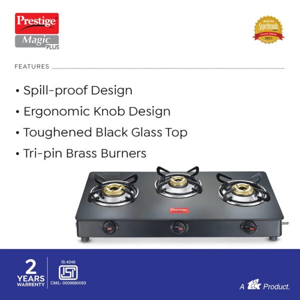 Prestige Magic plus Toughened Glass-Top 3 Brass Burner LPG Gas Stove(GTMP-03) | Black Spill Proof Design | Ergonomic Knob | Tri-Pin Burner - Image 3