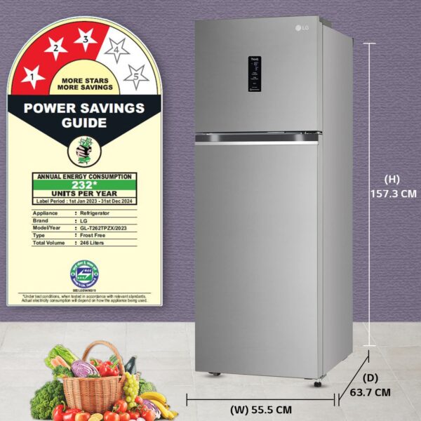 LG 246 L 3 Star Frost-Free Smart Inverter Wi-Fi Double Door Refrigerator (GL-T262TPZX, Shiny Steel - Image 2