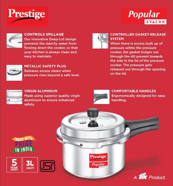 Prestige Popular Svachh Virgin Aluminium Spillage Control Outer Lid Pressure Cooker, 3 L (Silver) - Image 4