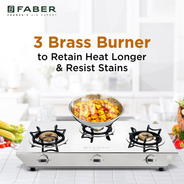 Faber high efficiency 3 Brass Burner with stainless steel top, ISI Certified gas stove, Manual Ignition, For LPG use only (Cooktop Hilux Max 3BB SS) - Image 6