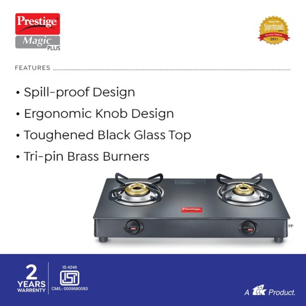 Prestige Magic plus Toughened Glass-Top 2 Brass Burner LPG Gas Stove(GTMP-02) - Image 3