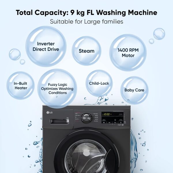 LG 9 Kg 5 Star Inverter Touch panel Fully-Automatic Front Load Washing Machine with In-Built Heater (FHM1409BDM, Middle Black, Steam for Hygiene Wash) - Image 2