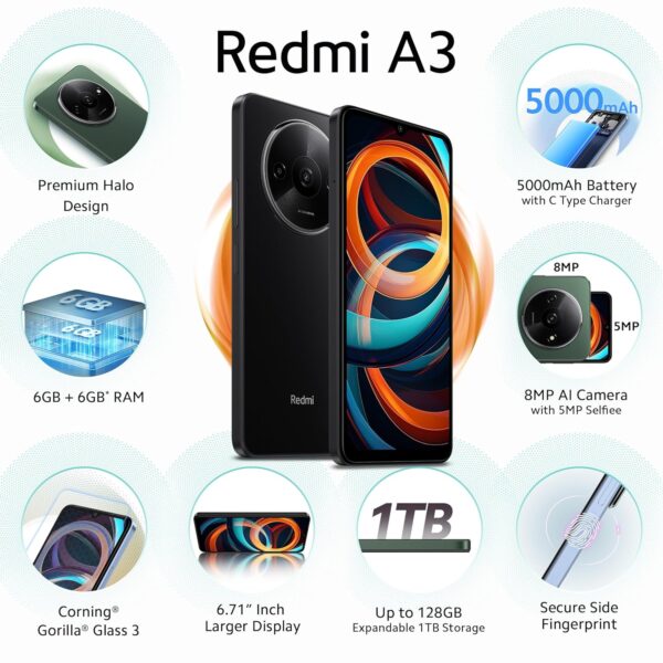 Redmi A3 (Midnight Black, 6GB RAM, 128GB Storage) | Premium Halo Design | 90Hz Display - Image 3