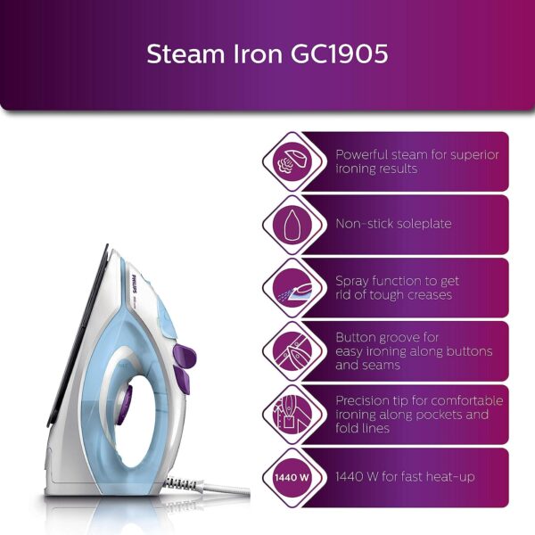 Philips GC1905 1440-Watt Steam Iron with Spray (Blue) - Image 3