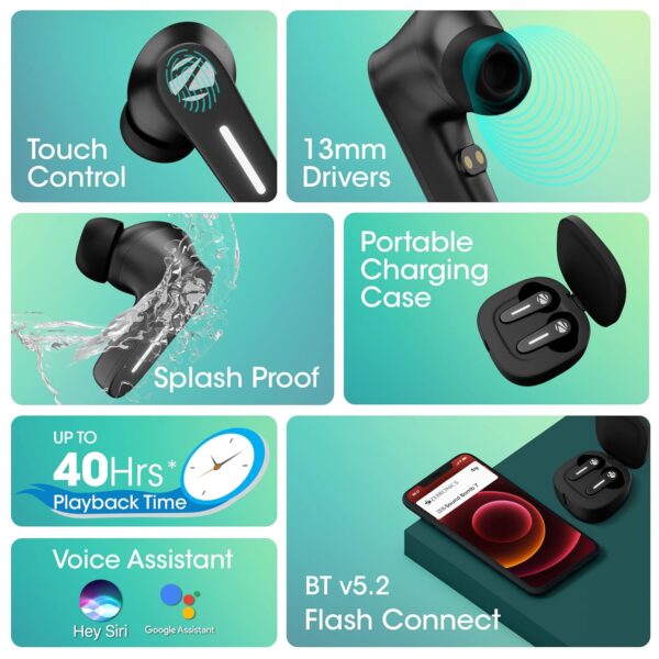 Zebronics Sound Bomb 7 Bluetooth TWS in Ear Earbuds with 40H Playtime, ENC Mic, Rapid Charge, Upto 50ms Gaming Mode, Flash Connect, Voice Assistant, Smooth Touch Control, BT v5.2, Type C (White) - Image 4