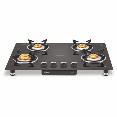 VIDIEM AIR SILVER 4 BURNER – REAR INLET BURNER MANUAL IGNITION GAS STOVE ( VDMGS-AIRSILVER4B , BLACK )