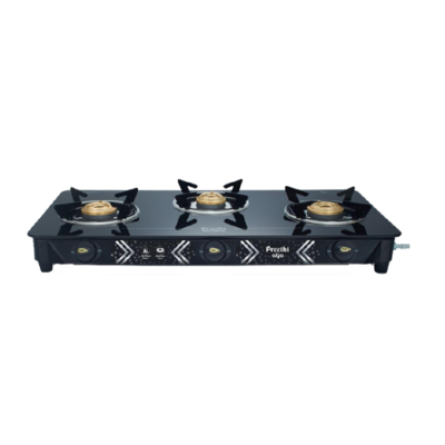 Preethi Alya Glass Top 3 Burner Gas Stove, Manual Ignition, Black with Bati Stand